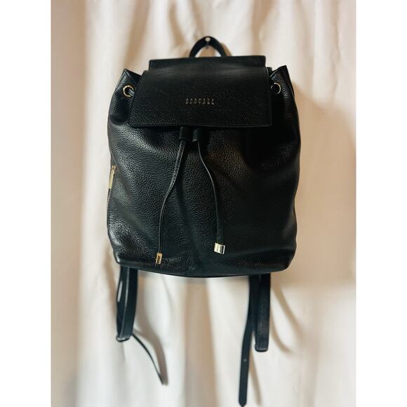 Barneys New York Black Leather Backpack Drawstring Flap Gold Hardware Lettering - Picture 5 of 16